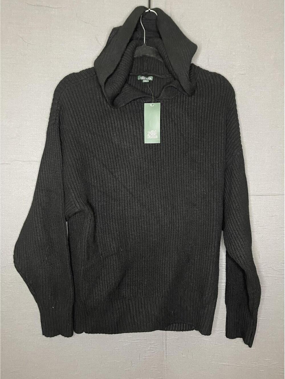 NWT Wild Fable Women’s Black Ribbed Knit Hooded Sweater Size Small Shaker Stitch
